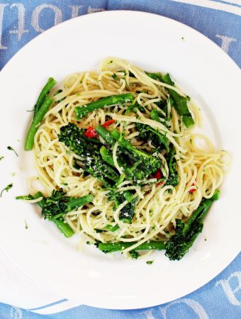 Tenderstem Brocolli with Chilli and Garlic Spaghetti on a plate.