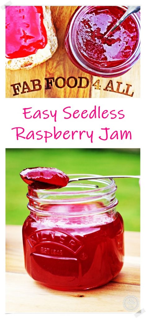 Seedless Raspberry Jam in a jar with currant bun. Pinterest image.