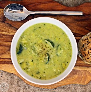 Leek and Courgette Soup in a bowl, overhead shot.