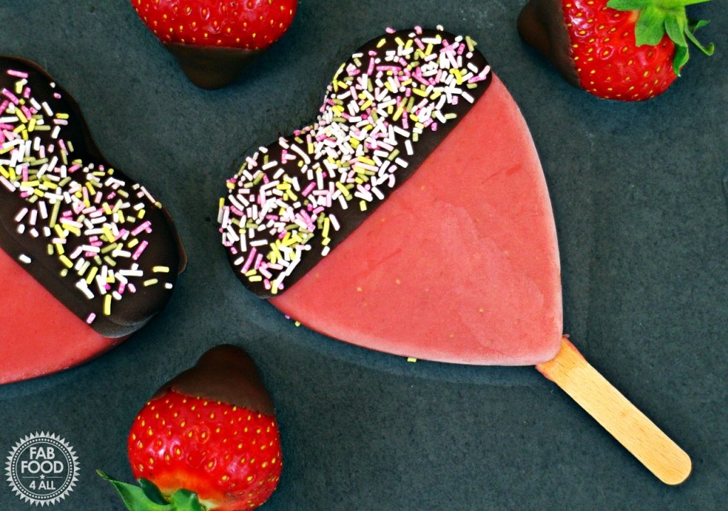 Strawberry, Banana and Custard Ice Lollies aerial view.