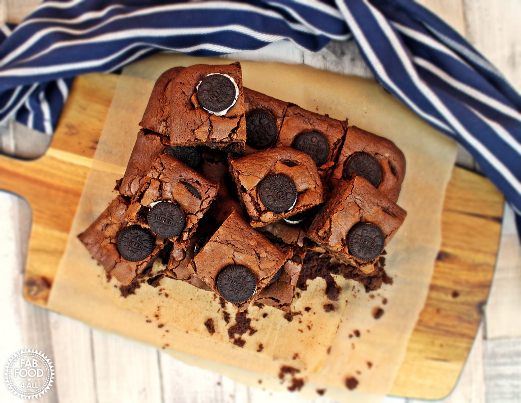 Oreo Brownies stacked on a wooden board - aerial view.