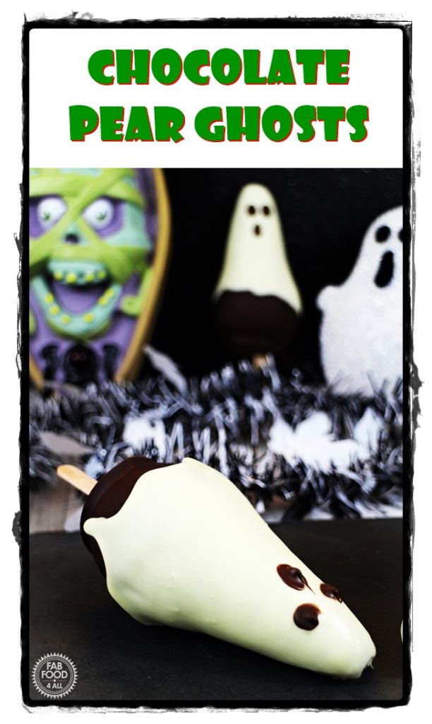 Chocolate Pear Ghosts with spooky backdrop. Pinterest image.