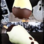Chocolate Pear Ghosts with spooky backdrop. Pinterest Image montage.