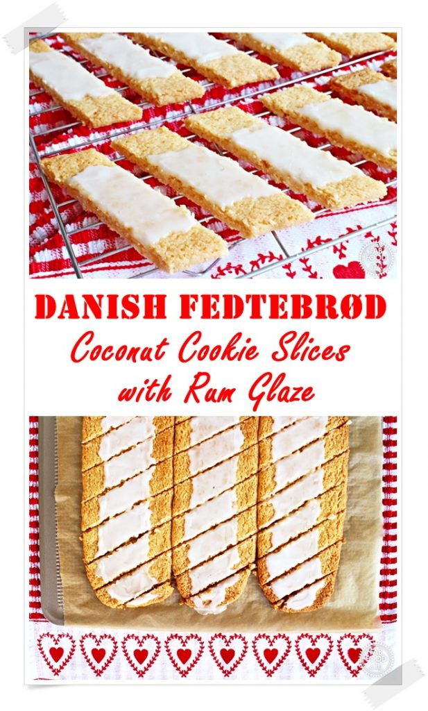 Danish Fedtebrød - Coconut Cookie Slices with Rum Glaze Pinterest image