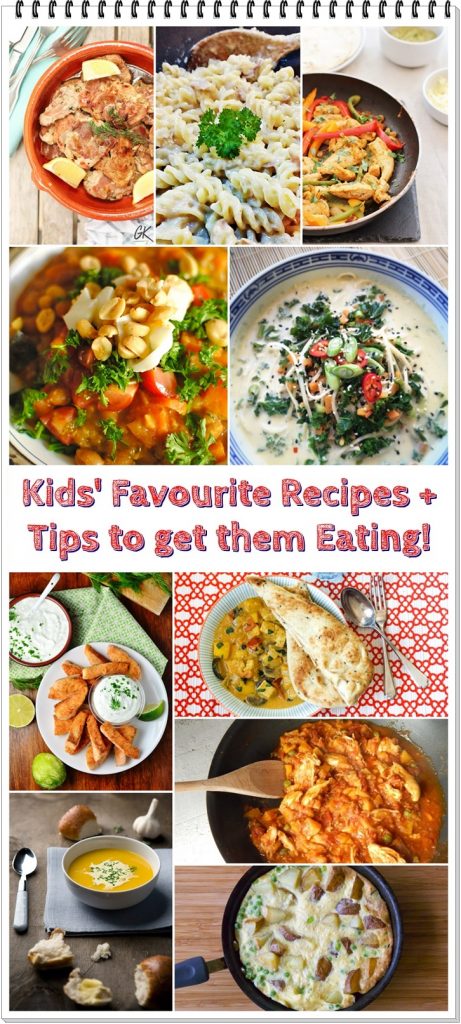 Kids' Favourite Recipes + Tips to get them Eating Pinterest montage of dishes.