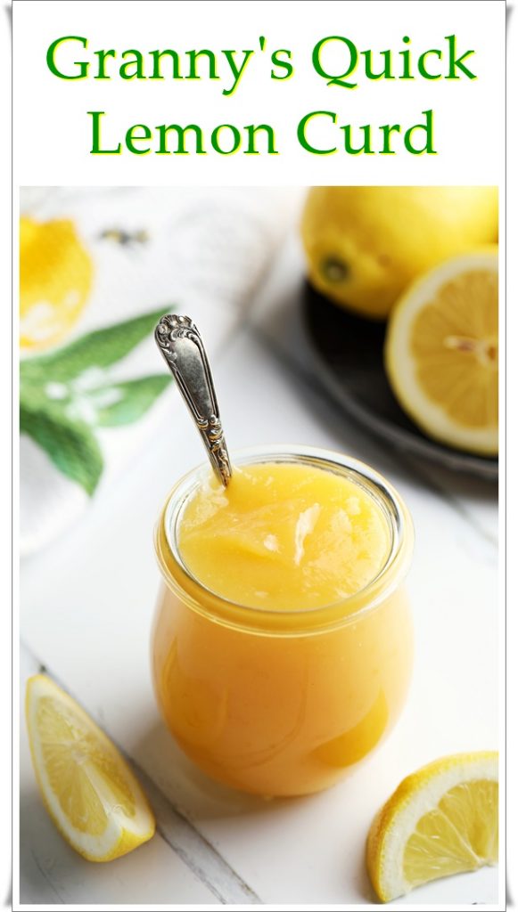 Granny's Quick Lemon Curd in a Weck jar with teaspoon. Pinterest image.