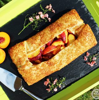 Cheat's Low Fat Peach Galette on a slate - aerial view.