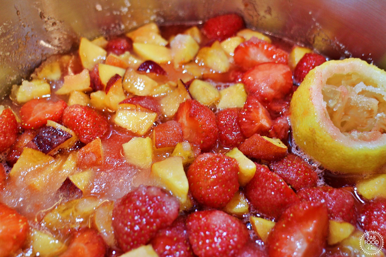 Chopped Strawberries & Peaches with lemon and sugar.