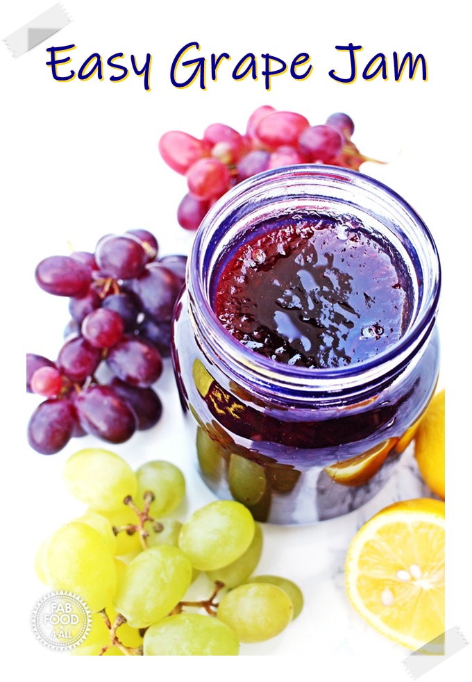 Easy Grape Jam in a jar with grapes Pinterest image