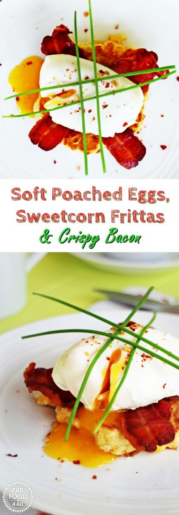Soft Poached Eggs, Sweetcorn Frittas and Crispy Bacon Pinterest image.