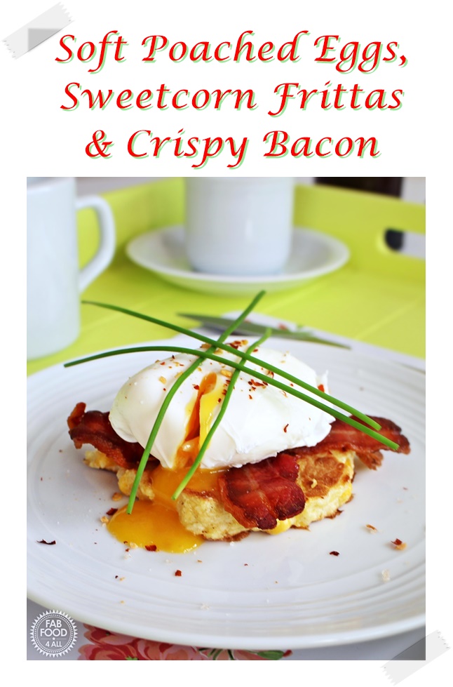 Soft Poached Egg, Sweetcorn Frittas & Crispy Bacon Pinterest image.