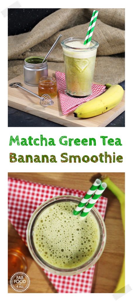 Matcha Green Tea Banana Smoothie in a glass with stripy straw, small pot of honey and a banana. Pinterest image.
