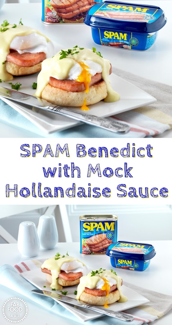 SPAM® Benedict with Mock Hollandaise Sauce - Fab Food 4 All #SPAM #Eggs #Benedict #Breakfast #Brunch