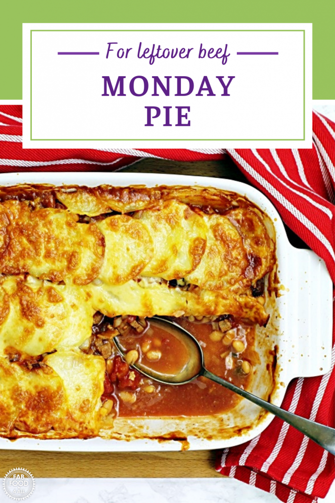 Monday Pie with serving spoon and portion missing. Pin image.