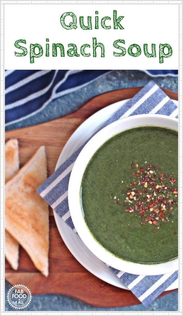 Quick Spinach Soup in a bowl. Pinterest Image