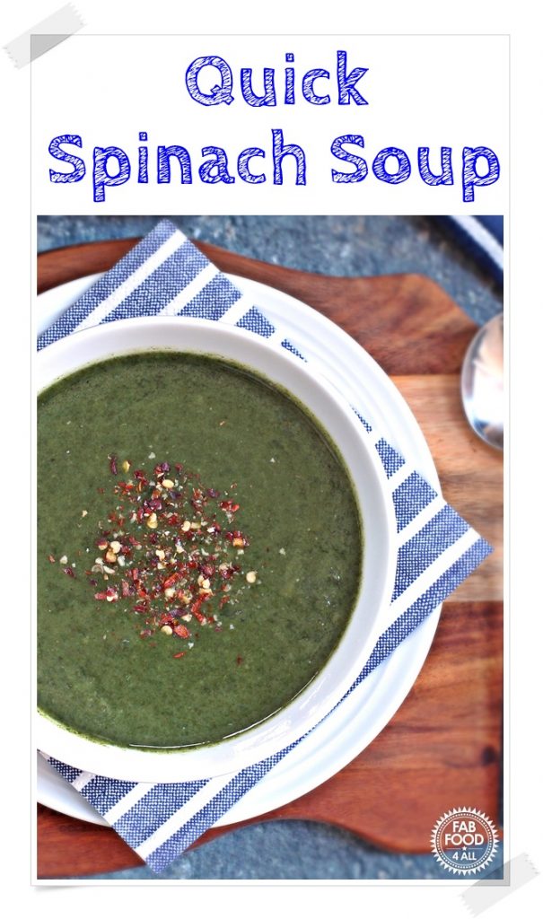 Quick Spinach Soup in a bowl. Pinterest Image