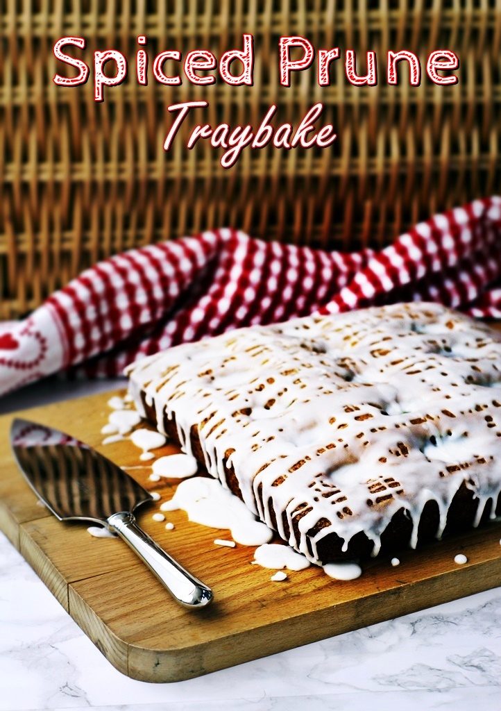 Spiced Prune Traybake, made with tinned prunes! Pinterest image.