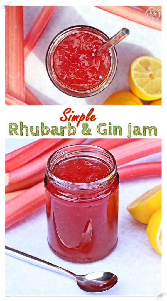 Simple Rhubarb & Gin Jam in a jar with rhubarb stalks and halved lemon. Pinterest image.