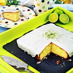 Easy Iced Lime Cake with cut slice.