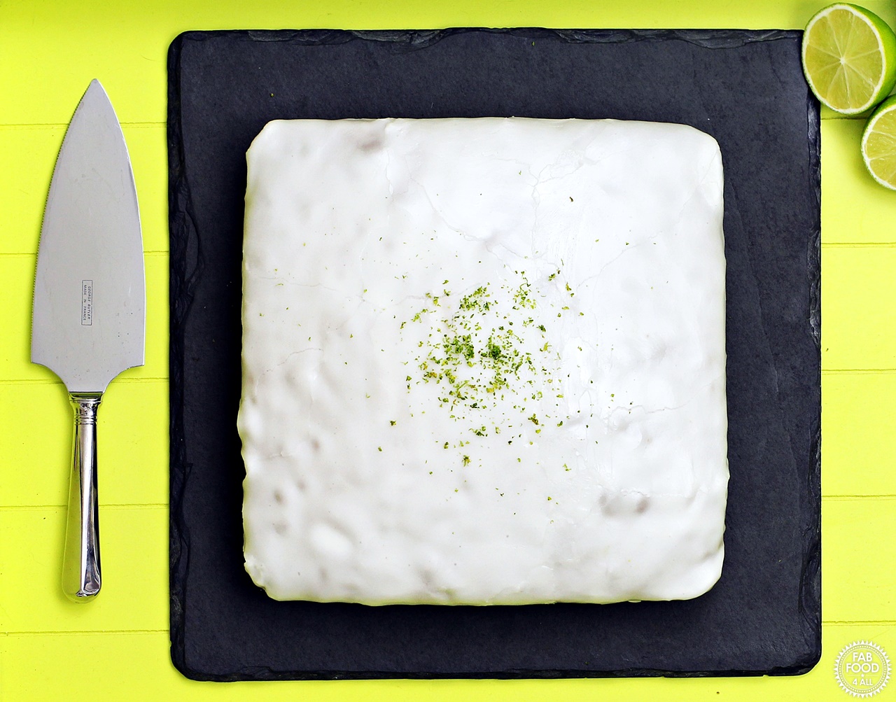 Square Easy Iced Lime Cake aerial shot.