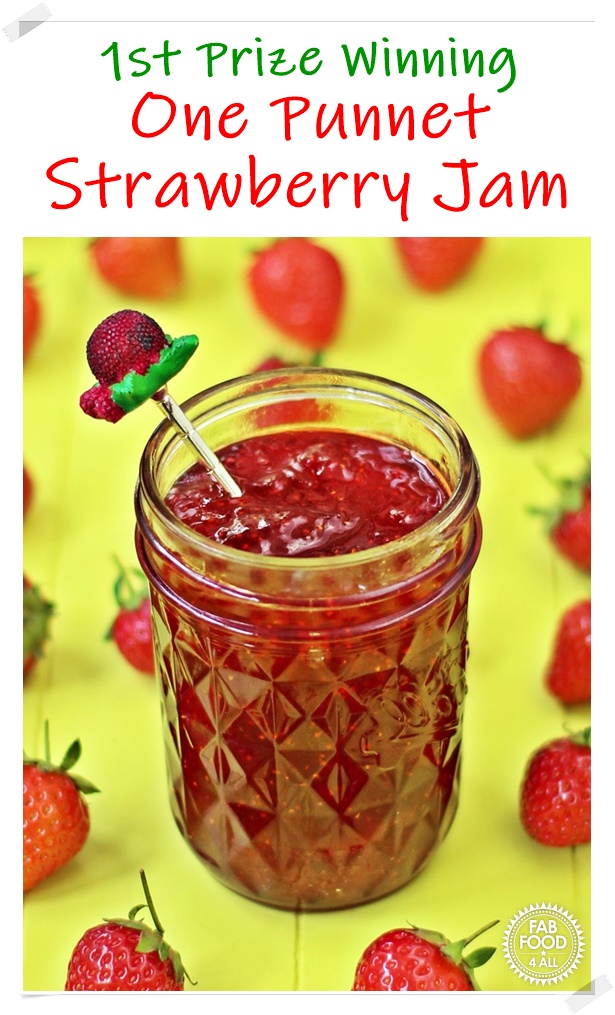 Quick One Punnet Strawberry Jam in jar with teaspoon - Pinterest image.