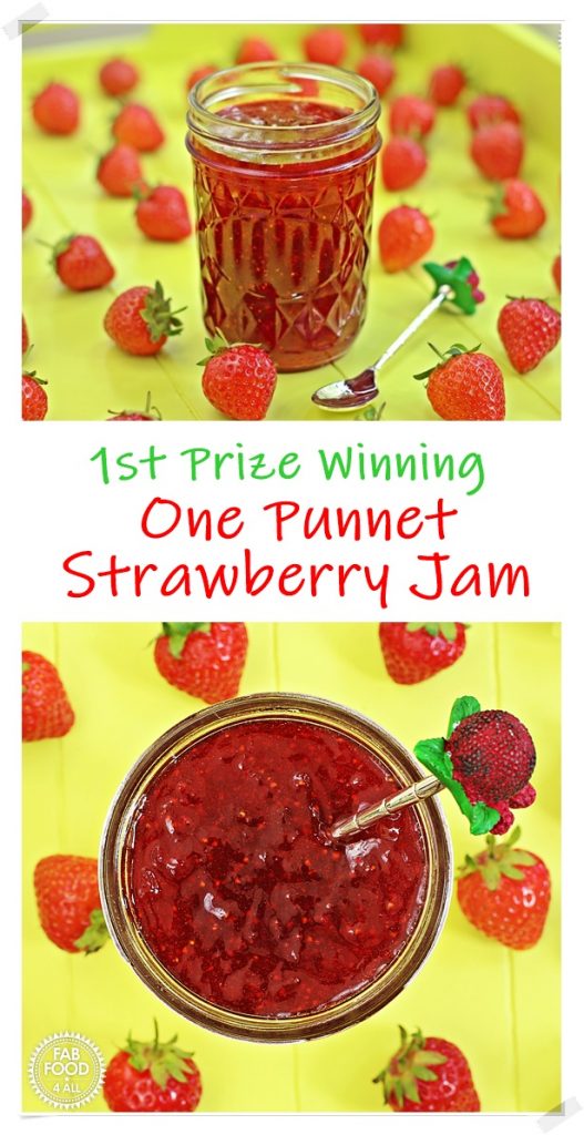 Quick One Punnet Strawberry Jam in jar with teaspoon - Pinterest image.