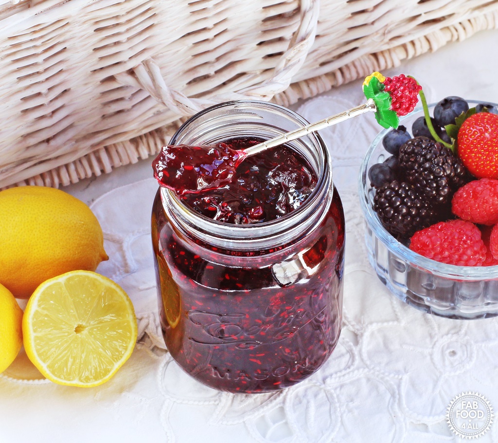 Tutti Frutti Jam with strawberries, blackberries, blueberries, raspberries & lemon.