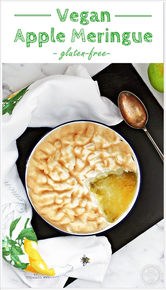 Vegan Apple Meringue made with aquafaba - a delicious family dessert that's also gluten-free! #apple #dessert #pudding #vegan #glutenfree #aquafaba #BramleyApple