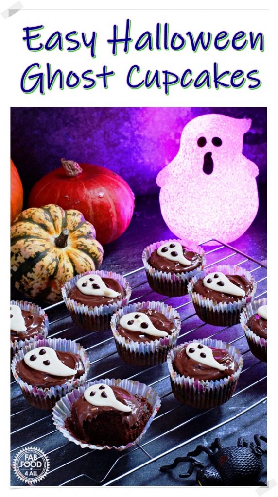 Easy Halloween Ghost Cupcakes on a baking try - Pinterest Image.