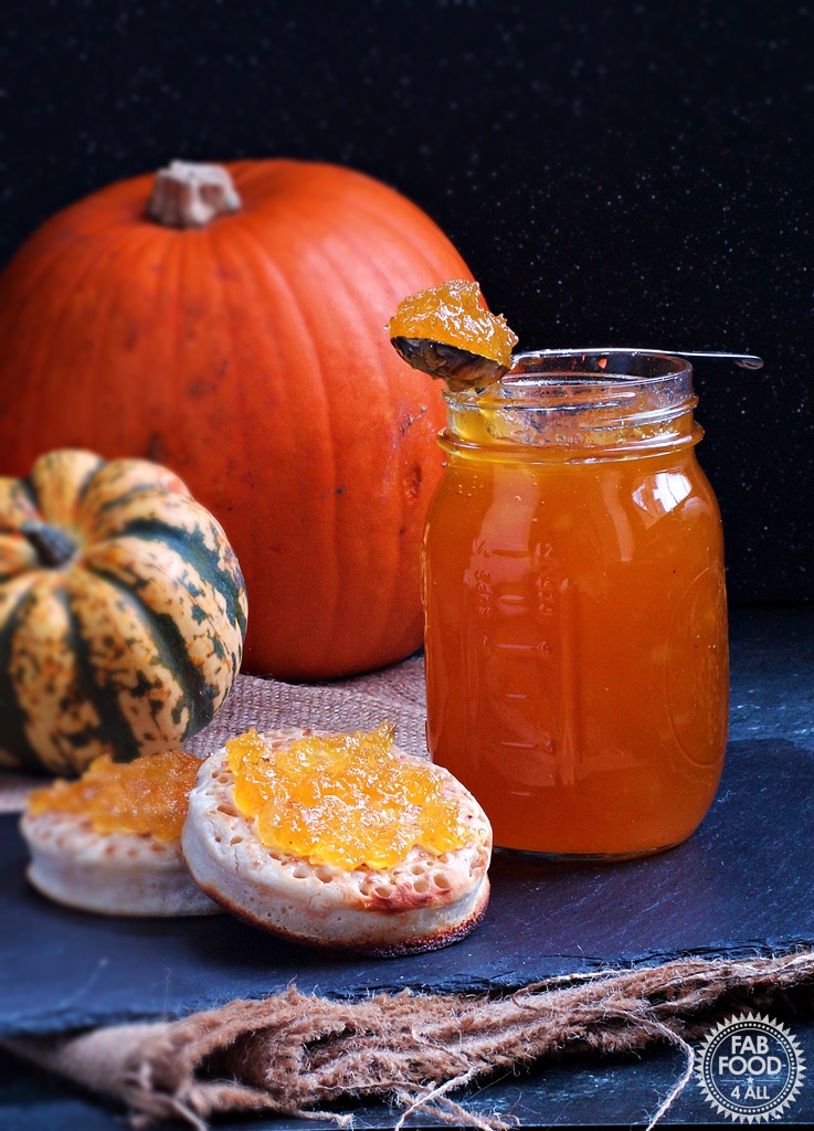 Pumpkin & Ginger Jam with crumpets and pumpkins.