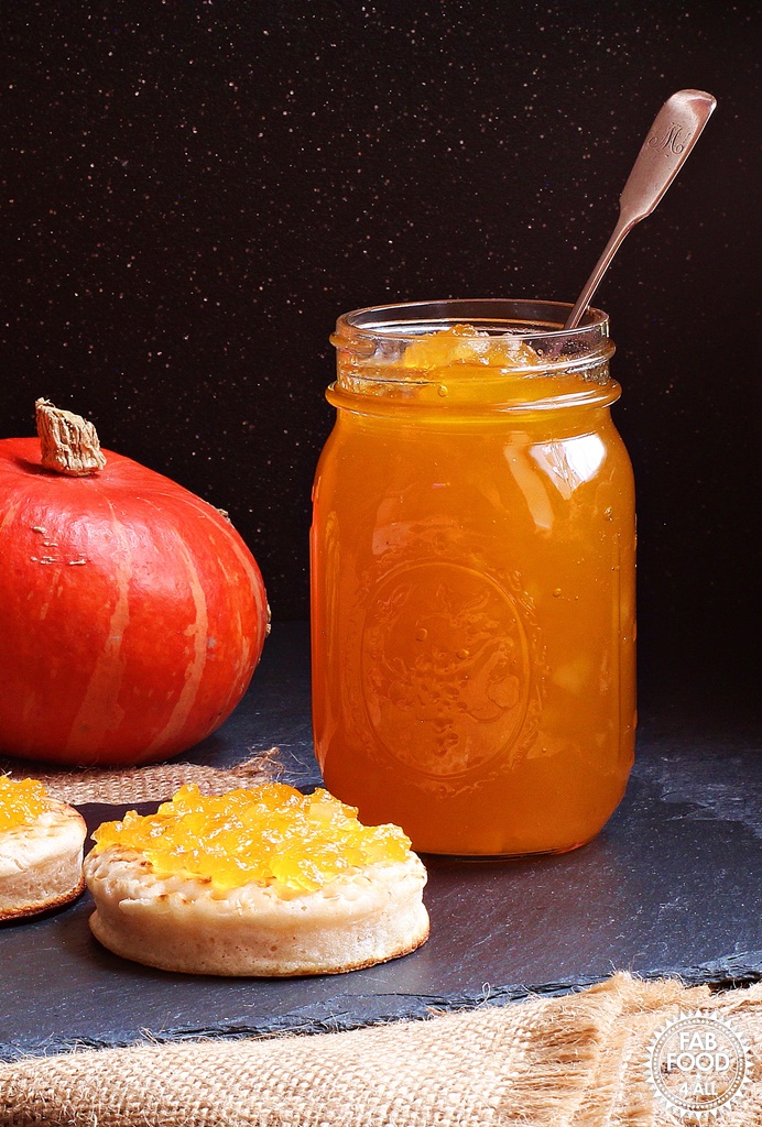 Pumpkin & Ginger Jam with crumpets and pumpkins.