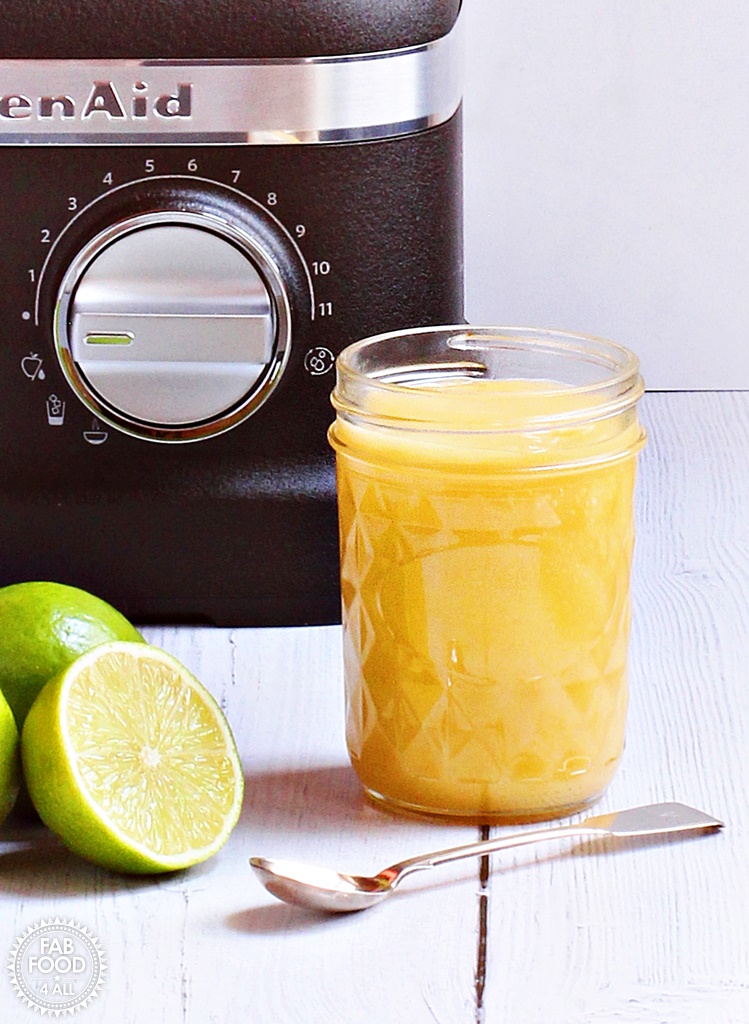 5 Minute Lime Curd - tangy & delicious. Made in a power blender for super fast results! #KitchenAid #KitchenAidPowerPlusBlender #recipe #lime #curd #LimeCurd #preserve #canning #fruitcurd