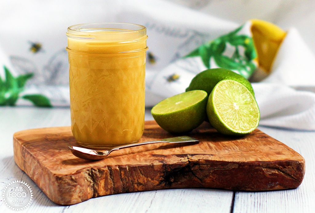 5 Minute Lime Curd - tangy & delicious. Made in a power blender for super fast results! #KitchenAid #KitchenAidPowerPlusBlender #recipe #lime #curd #LimeCurd #preserve #canning #fruitcurd