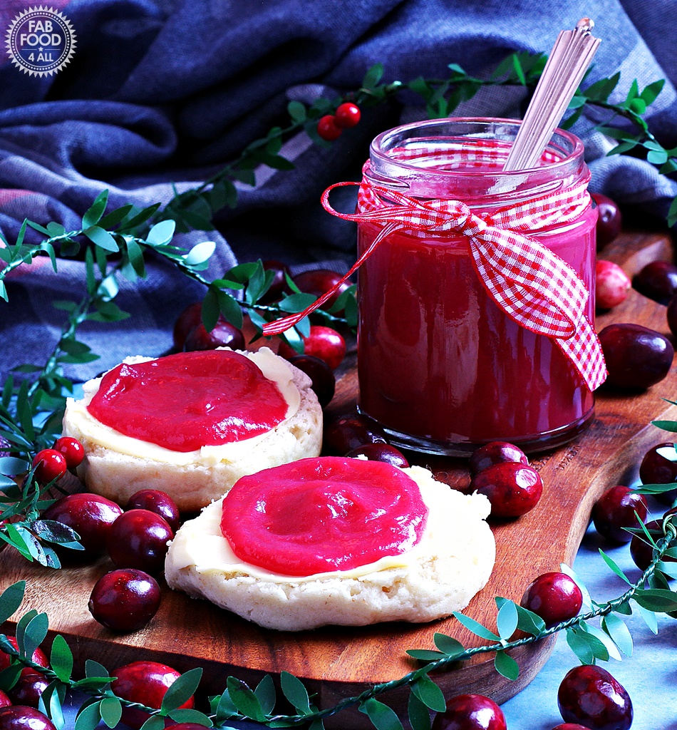 Easy Cranberry Curd with gift bow, served on scones!