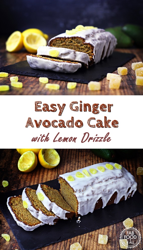Easy Ginger Avocado Cake with Lemon Drizzle - made with wholemeal spelt flour! Delicious, moist and packed full of fibre and nutrients!. #avocado #avocadocake #gingercake #speltcake #wholemealspeltflour #cake #cakerecipes #avocadorecipes #gingerrecipes #speltrecipes #avocadoloaf #avocadobread #gingerloaf #gingerbread #easycake #easyrecipe