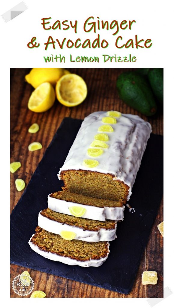 Easy Ginger & Avocado Cake with Lemon Drizzle Pinterest image.
