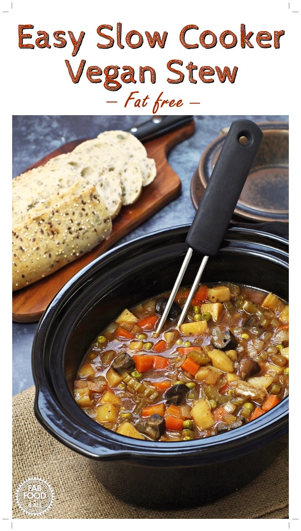 Easy Slow Cooker Vegan Stew - a hearty, tangy stew with root vegetables, Chestnut mushrooms & peas. Serve with crusty bread to mop up the cooking juices! #slowcooker #slowcookerrecipes #vegan #crockpot #crockpotrecipes #vegetarian #beeflessstew #rootvegetable #stew #casserole #fatfree #healthyrecipe #vegetablerecipe #sidedish #veganrecipes