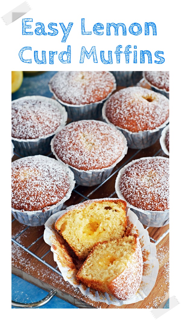 Easy Lemon Curd Muffins on a wire rack and wooden board