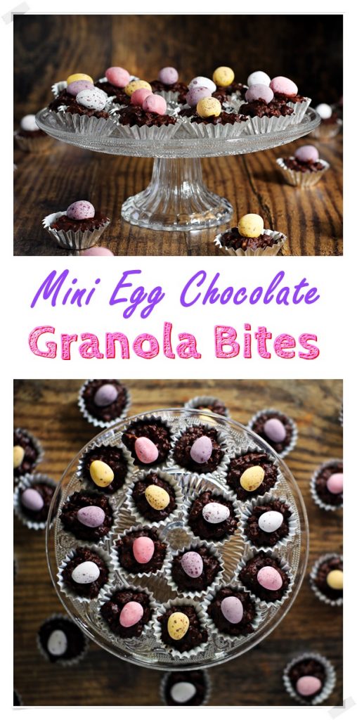 Mini Egg Chocolate Granola Bites in petit four cases on glass pedestal.