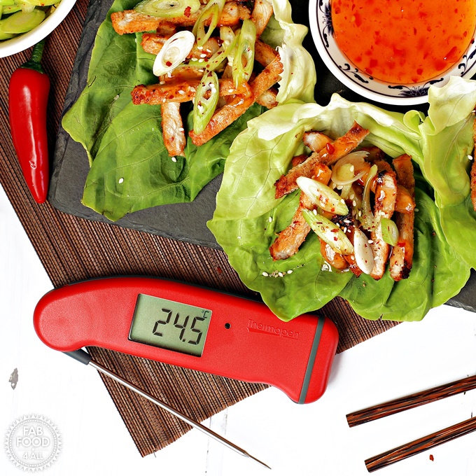 Korean BBQ Style Spicy Pork Lettuce Wraps - stripes of marinated pork on lettuce leaves, garnished with spring onion & served with sweet chilli sauce and soy sauce. Thermapen Professional digital thermometer also displayed.