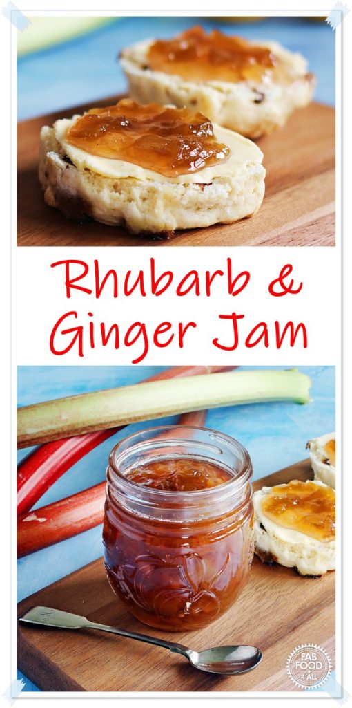 Rhubarb & Ginger Jam on scones - montage Pinterest image.
