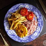 2 Ingredient Slow Cooker Pulled Gammon (Shredded Ham) with fried pineapple, chips & tomato.