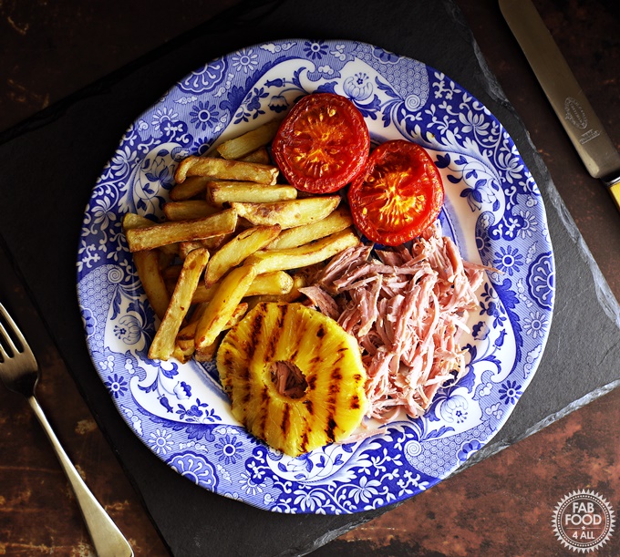 2 Ingredient Slow Cooker Pulled Gammon (Shredded Ham) with fried pineapple, chips & tomato.