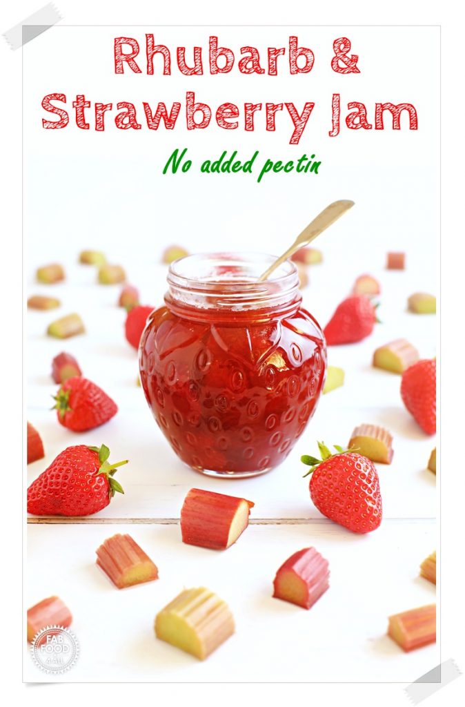 Rhubarb & Strawberry Jam in a jar Pinterest image.