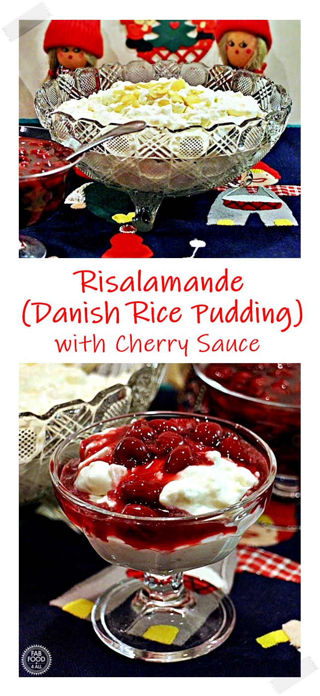 Risalamande (Danish Rice Pudding) and cherry sauce in glass serving dishes. Pinterest image.on a traditional Danish table cloth.