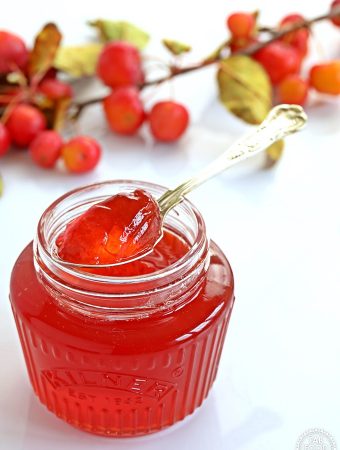 Side shot of Crab Apple Jelly in a jar with spoon resting on top.