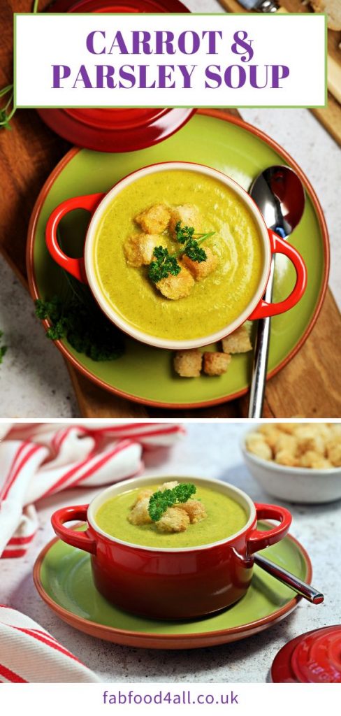 Carrot & Parsley Soup in a bowl Pinterest Image