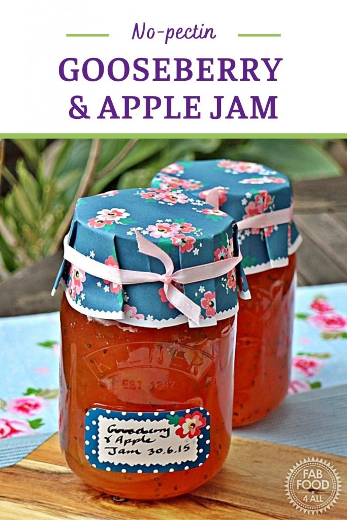 Gooseberry & Apple Jam Pinterest image or 2 jars