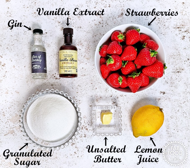 Strawberry & Gin Jam ingredients: strawberries, granulated sugar, vanilla bean extract, gin, lemon & knob of butter.