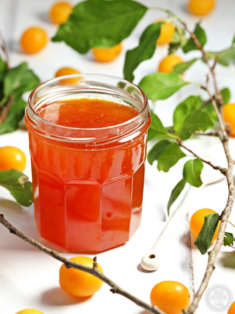 Close up of open jar of Mirabelle Plum Jam surrounded by Mirabelles and foliage.